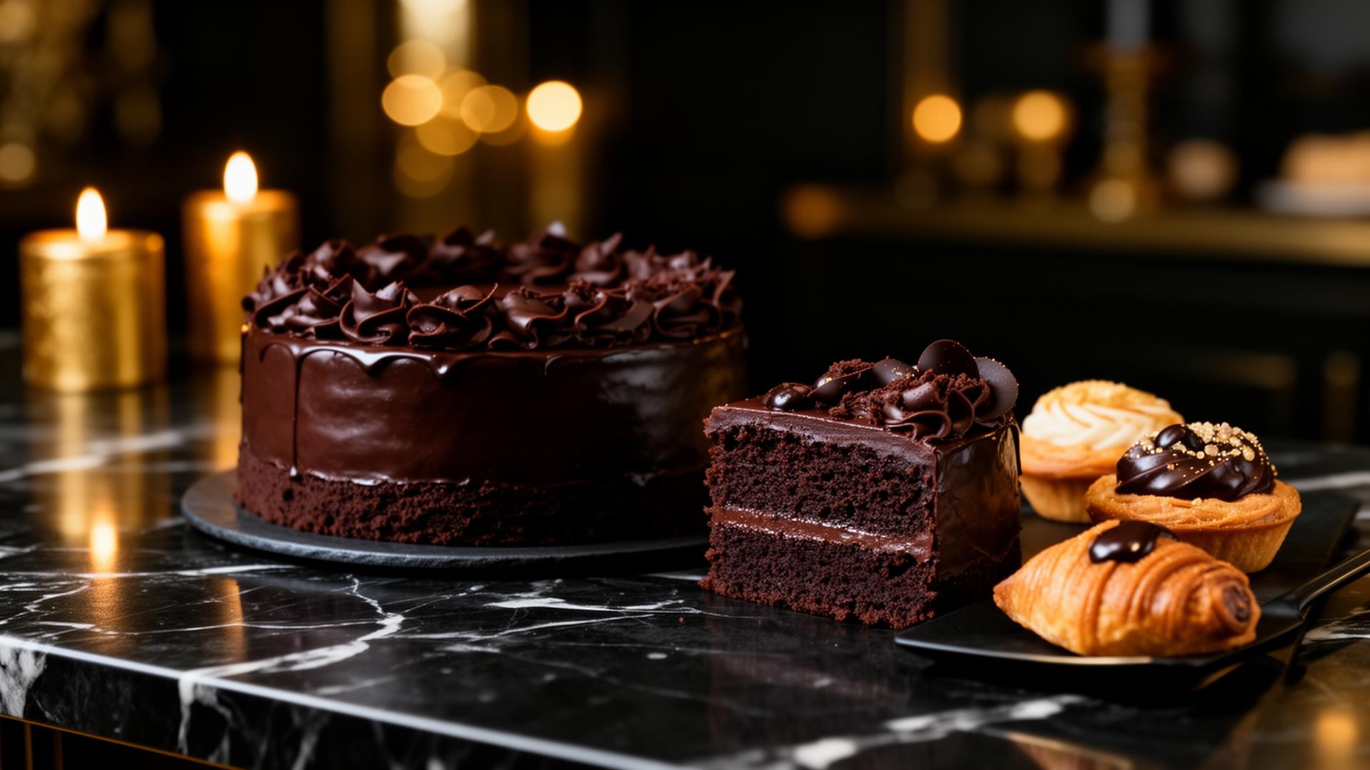 Azurah Café signature chocolate cake on dark marble
